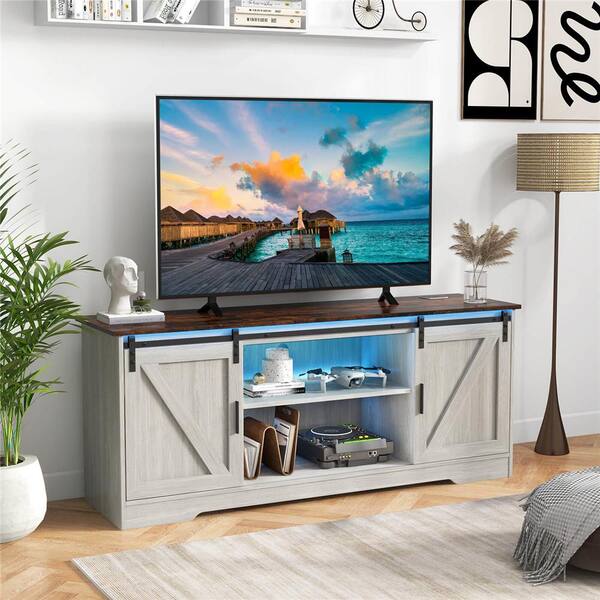 Costway Gray TV Stand Entertainment Center Fits TV's up to 65 in. with LED Lights
