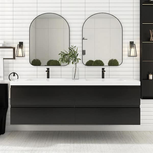 72 in. W x 20 in. D x 22 in. H Wall-Mounted Bath Vanity in Black with Glossy White Cultured Marble Top