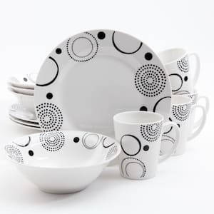 12-Piece Mid-century Decorated with Black Geometric Design on White Porcelain Dinnerware Set (Service for 4)