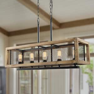 31.5 in. 5-Light Black Mesh Kitchen Island Chandelier with Rectangle Weathered Wood frame