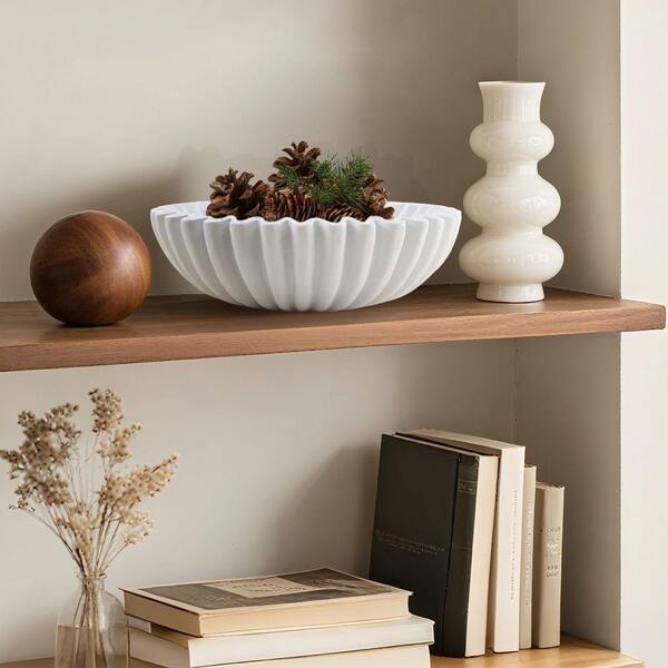White Large Modern Decorative Ruffle Bowl for Fruit, Keys and Home