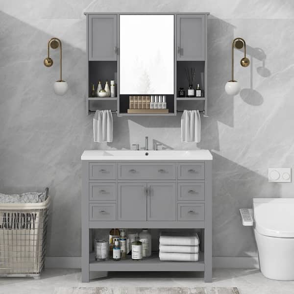 36 in. W x 18 in. D x 34 in. H Single Sink Bath Vanity in Gray with White Resin Top and Mirror Cabinet