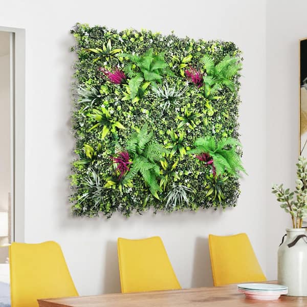 LIVING LUXURY 40 in. x 40 in. Large Artificial Fern Grass Mixed Leaf Greenery Wall Panel Hedge Mat Backdrop Privacy Screen