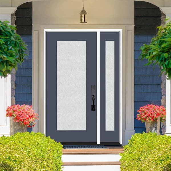 Legacy 53 in. x 80 in. Full Lite Rain Glass RHOS Primed Dark Denim Finish Fiberglass Prehung Front Door w/14in.SL
