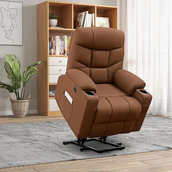 Brown Linen Fabric Electric Power Lift Recliner Chair with Adjustable Backrest and Footrest