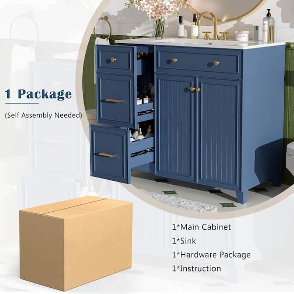36 in. W Single Sink Bath Vanity in Blue with White Ceramic Top, 2-Drawers, Adjustable Shelf