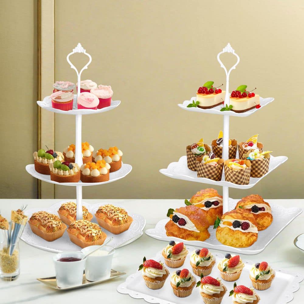 Wudkey 10 Pcs White Plastic 3-Tier Cake Stand, with Dessert Table