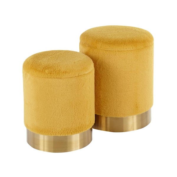 Lumisource Marla Nesting Yellow Plush Fabric and Gold Ottoman Set