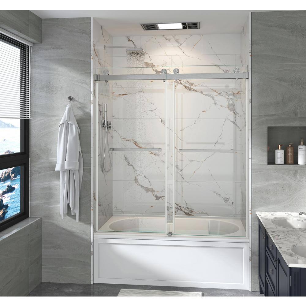 56-61 in. W x 60 in. H Double Sliding Frameless Tub Door in Brushed Nickel, 3/8 in. Clear Tempered Glass, 2-Towel Bars price history on PriceWatchPro