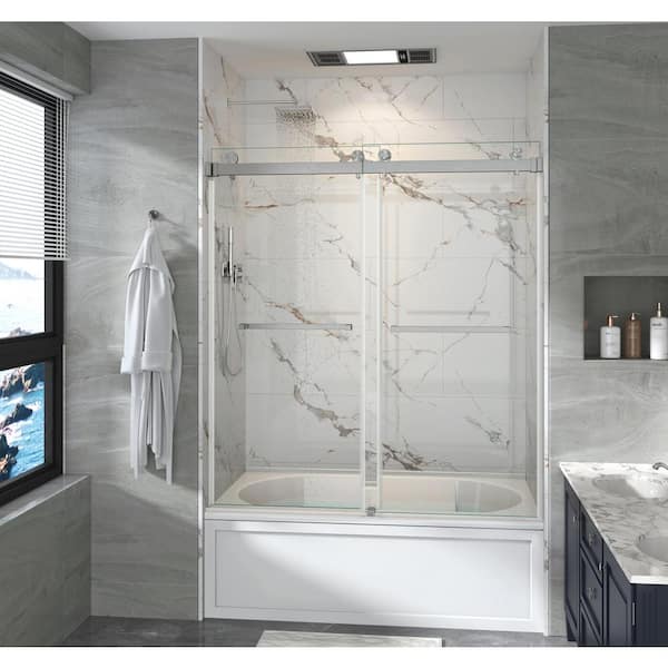 MOHALEN 56-61 in. W x 60 in. H Double Sliding Frameless Tub Door in Brushed Nickel with 3/8 in. Clear Tempered Glass