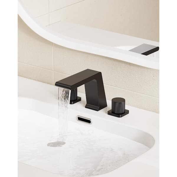 YAWWALK 8 in. Widespread Double-Handle Waterfall Spout Bathroom Faucet with Anti Scald in Matte Black