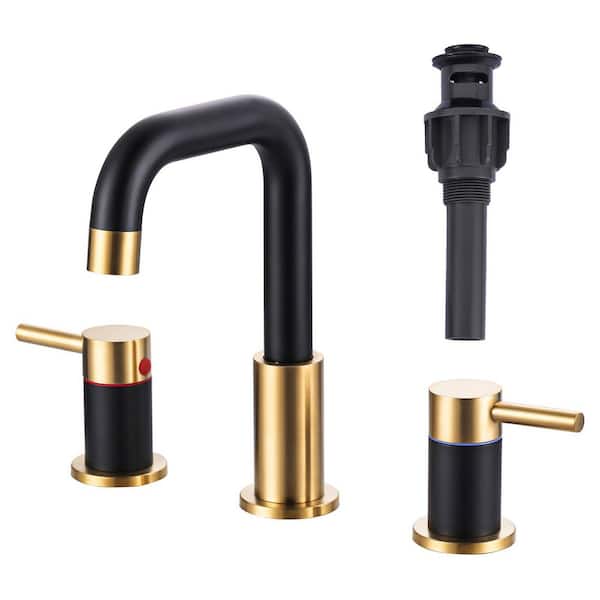 8 in. Widespread Double Handle Bathroom Faucet with Pop-Up Drain Included in Gold and Black