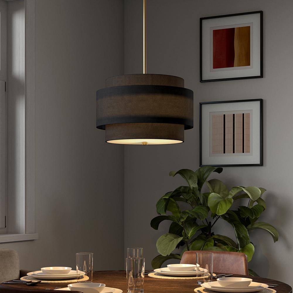 Brass and Black Double Drum Pendant Light with Fabric Shade