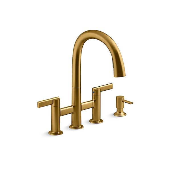 KOHLER Otira 2-Handle Bridge Pull-Down Kitchen Faucet with Soap Dispenser and Sweep Spray in Brushed Brass