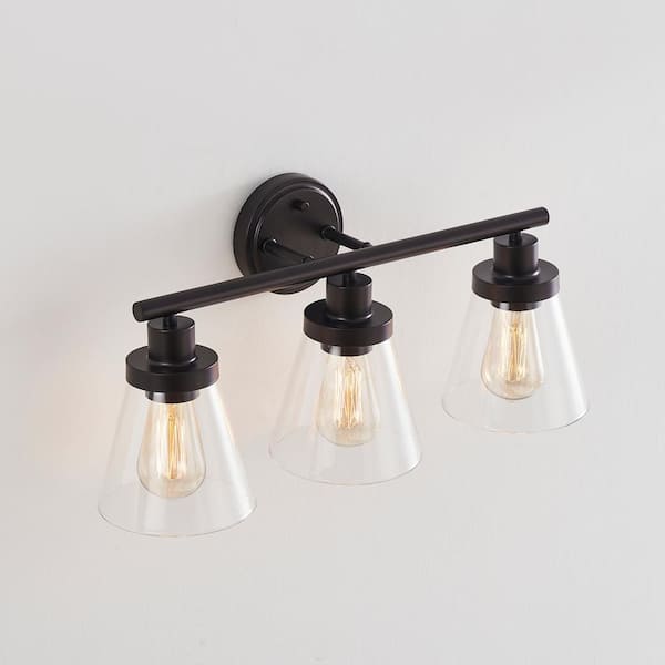 KAWOTI 22.25 in. 3-Light Bronze Vanity Light with Bell Glass Shade ...