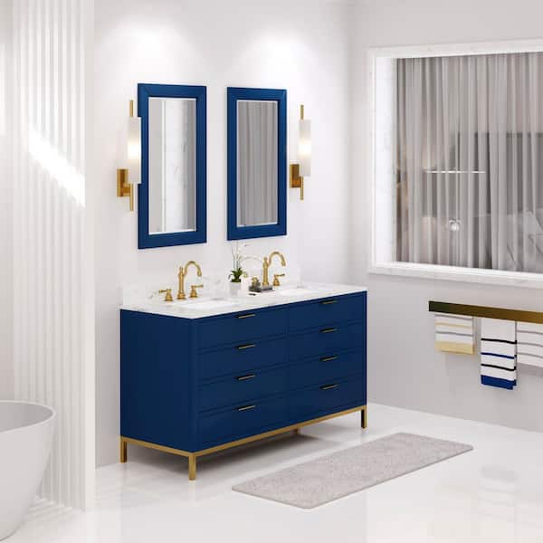 Bristol 60 in. W x 21.5 in. D Vanity in Monarch Blue with Marble Top in White with White Basin and Hook Faucet