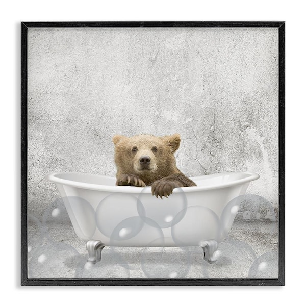 Baby Bear Bath Time by Kim Allen Black Framed Giclee Art Print Animal 12 in. x 12 in.
