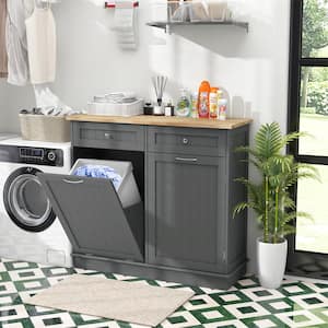 Gray MDF 39.5 in. Wooden Kitchen Sideboard Trash Cabinet Tilt Out Bin Holder with Drawer and Storage Shelf