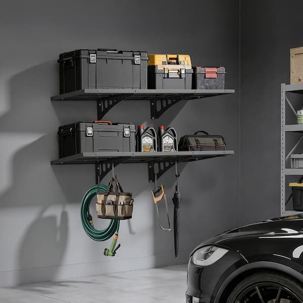 2-Tier Heavy Duty Wall Garage Shelving 1.64 x 4 ft. Steel Shelving Unit 19.68 x 48 in. Per Shelf 560 lbs. Capacity Black