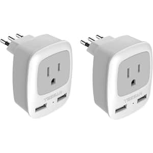 2.4 Amp Grounded Plug Converter Triple Tap AC/DC Adapter with 2 USB Port US to Italian Chile Uruguay in White (2 Pack)