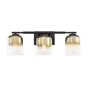 Gatsby 24 in. 3-Light Matte Black Vanity Light with Gold Ombre Shades for Bathrooms