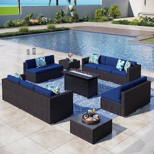 Dark Brown Rattan Wicker 10 Seat 13-Piece Steel Outdoor Fire Pit Patio Set with Blue Cushions and Rectangular Fire Pit