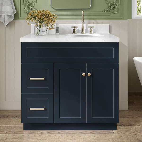 ARIEL Hamlet 36.25 in. W x 22 in. D x 36 in. H Single Sink Freestanding Bath Vanity in Midnight Blue with Carrara Quartz Top