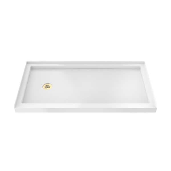 SlimLine 60 in. L x 32 in. W Alcove Rectangular White Shower Pan Base with 2 in. Round Left Drain in Polished Brass