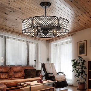 30 in. Indoor Coffee Caged Ceiling Fan with Light Crystal Lampshade 6-Light Bases