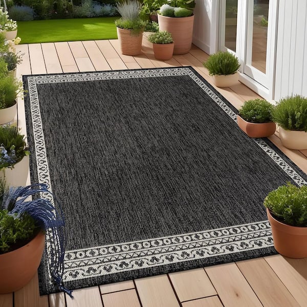 Frame Dark Gray 5 ft. x 7 ft. Geometric Bordered Washable Indoor Outdoor Area Rug