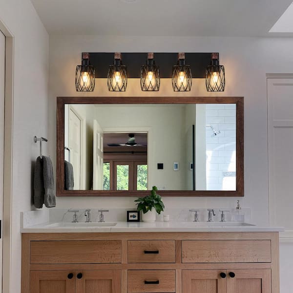 31 in. 5 Light Black Vanity Light Fixture Bathroom Over Mirror Wall Lights with Black Cage and Wooden Accents