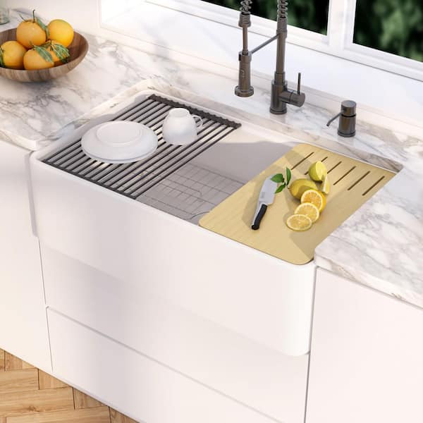Yorkshire Crisp White Fireclay 33 in. Single Bowl Farmhouse Apron Workstation Kitchen Sink with Accessories