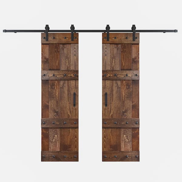 Castle 60 in. x 84 in. Dark Walnut DIY Knotty Wood Double Sliding Barn Door with Hardware Kit