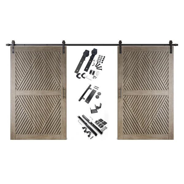 LT 42 in. x 84 in. C-Panel Classic Gray Diamond Design Double Pine Wood Sliding Barn Door with Hardware Kit