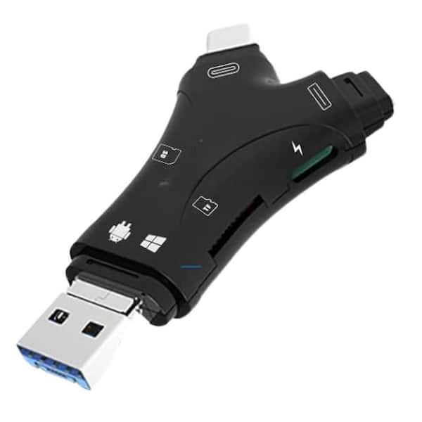EKIEUDL 4-in-1 Micro SD Card Reader Adapter, Plug & Play with Charging Port Design & High-Speed Data for Multiple Devices, Black
