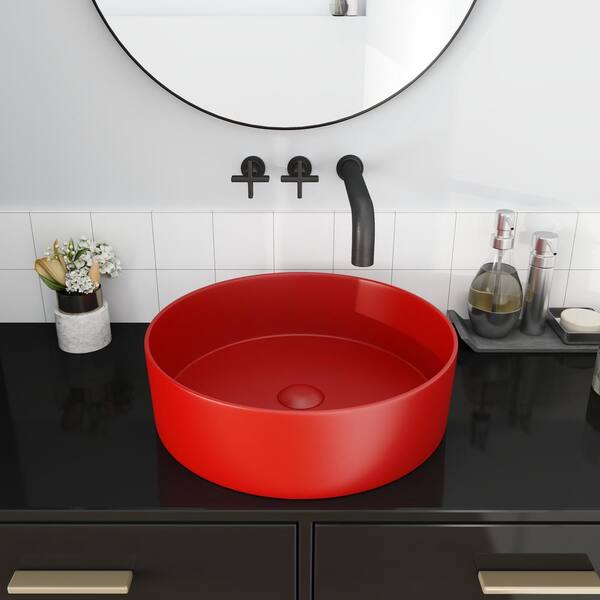 ANGELES HOME Red Ceramic Circular Vessel Bathroom Sink Art Sink A