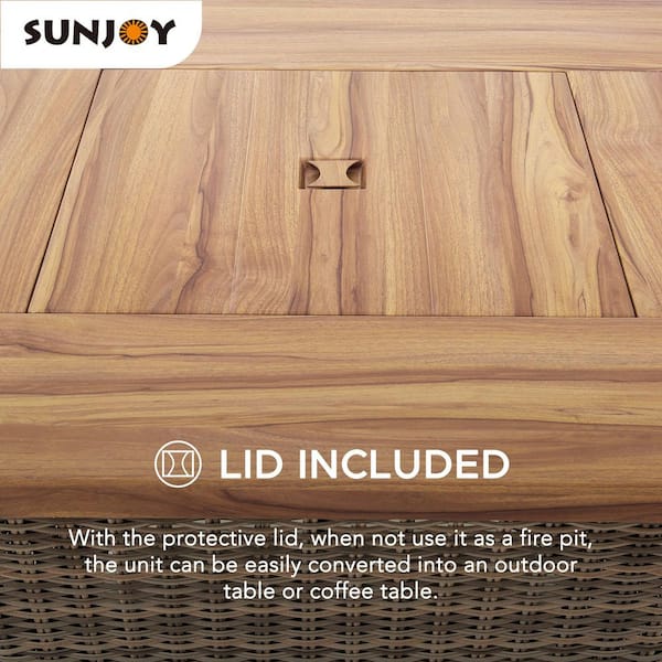 Outdoor Patio Belson 38 in. W Steel Propane Gas Burning Brown All-Weather Wicker Firepit Table with Lid for Outside