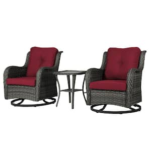 Wicker Gray Patio Swivel Outdoor Rocking Chair Set with Red Cushions and Table (Set of 2)