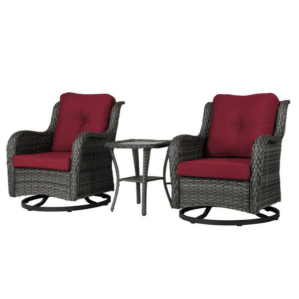 Uixe Wicker Gray Patio Swivel Outdoor Rocking Chair Set with Red ...