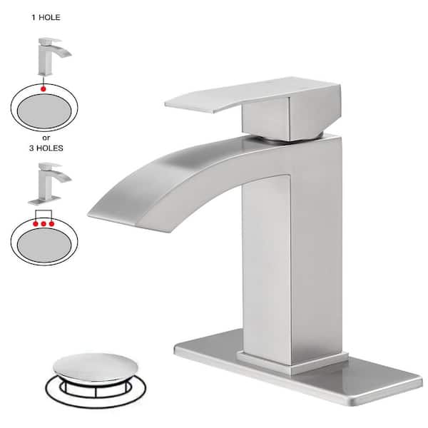 BWE Waterfall Single Hole Single-Handle Low-Arc Bathroom Sink Faucet With Pop-up Drain Assembly In Brushed Nickel