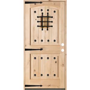 32 in. x 80 in. Mediterranean Knotty Alder Arch Top 2 Panel Left-Hand/Inswing Grey Stain Wood Prehung Front Door
