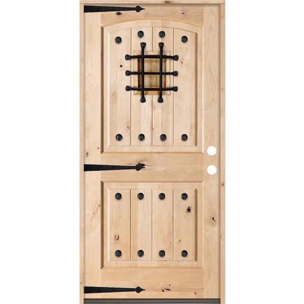 Krosswood Doors 32 in. x 80 in. Mediterranean Knotty Alder Arch Top 2 Panel Left-Hand/Inswing Grey Stain Wood Prehung Front Door