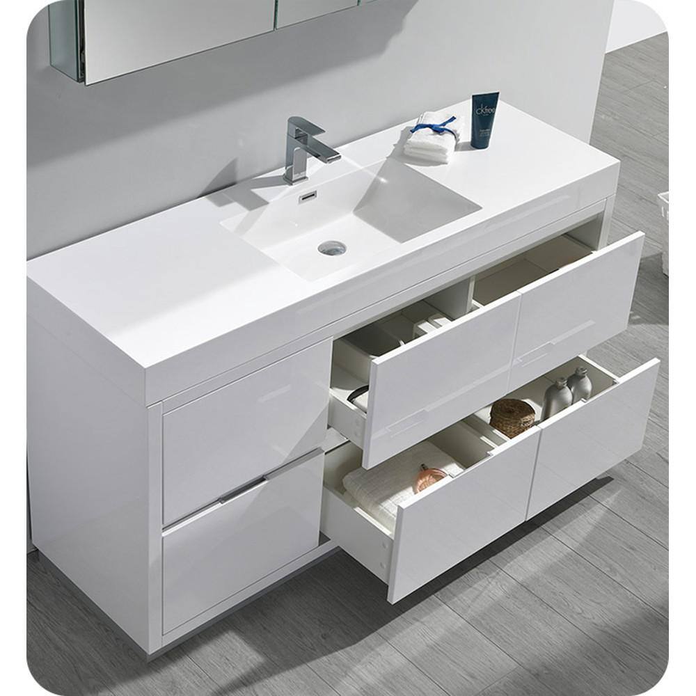 Glossy White 60" Modern Freestanding Vanity with Man-Made Stone Top