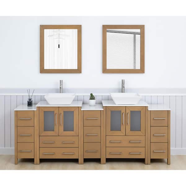 84 in. W Double Basin Natural Oak Bath Vanity with White Engineered Marble Top and Mirror