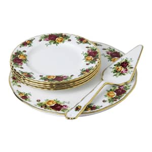 Old Country Roses 1 Tier Multi-Colored Bone China Cake Stand 6 Piece Set