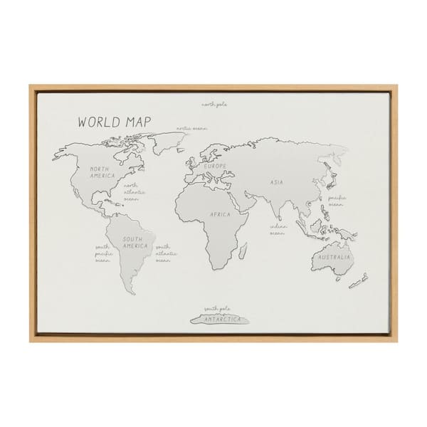Kate and Laurel Sylvie World Map Sketch 1-Piece Natural Framed Canvas Art Print, 33.00 in. x 23.00 in.