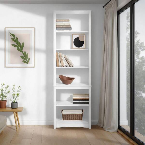 71” Tall 6-Shelf Wood Bookcase – White, Adjustable Shelves, Modern Freestanding Media Storage - View #4