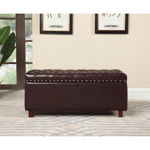 Brown Bonded Leather Storage Ottoman, Tufted Brown Leather Storage Ottoman