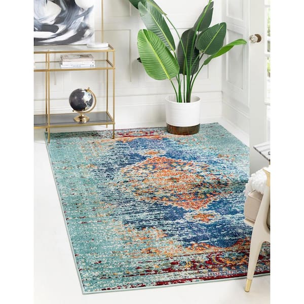 Unique Loom Warhol Vita 7 x 10 Turquoise/Navy Blue Indoor Medallion Oriental Area Rug