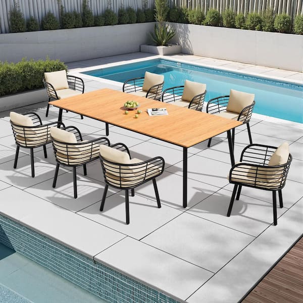 Brown 9-Piece 94 in. Aluminium Wood-Like Outdoor Dining Set with Umbrella Hole, Sunbrella Canvas Antique Beige Cushions